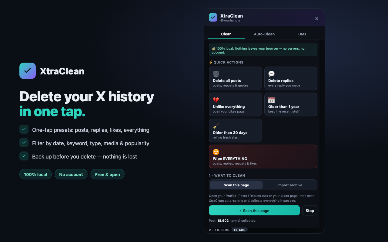 XtraClean Clean tab — quick actions and filters