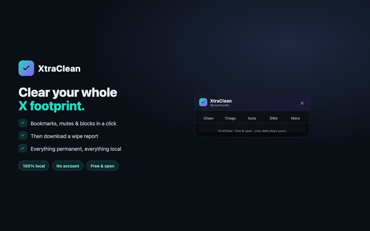 XtraClean More tab — bookmarks, mutes, blocks and wipe report