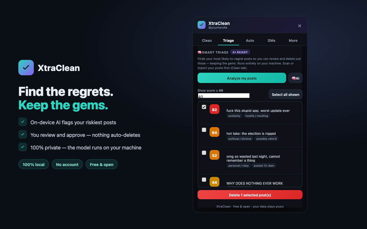 XtraClean Triage tab — on-device AI finds regrettable posts